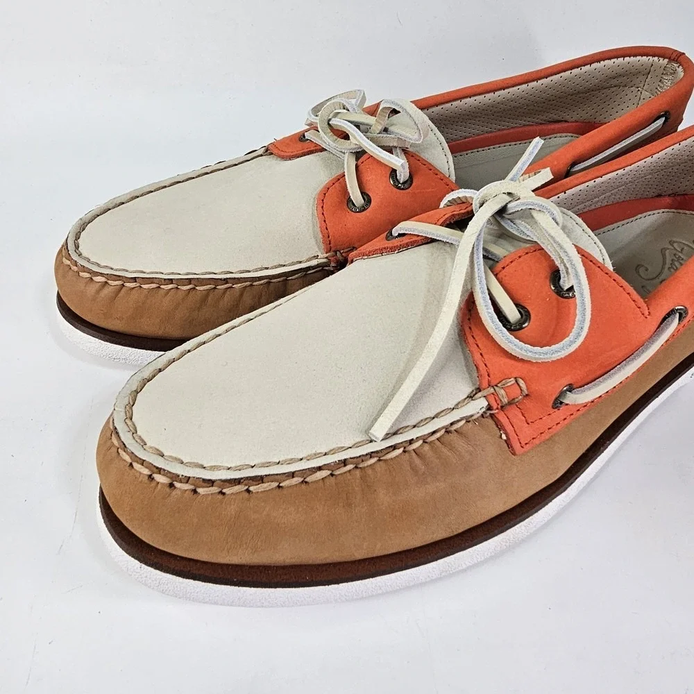 Sperry Gold Cup Tri-Tone Leather 2-Eye Boat Shoes Mens 14 White Orange Tan NWOT